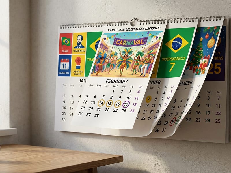Calendário de 2026 em destaque com marcações nos feriados nacionais brasileiros