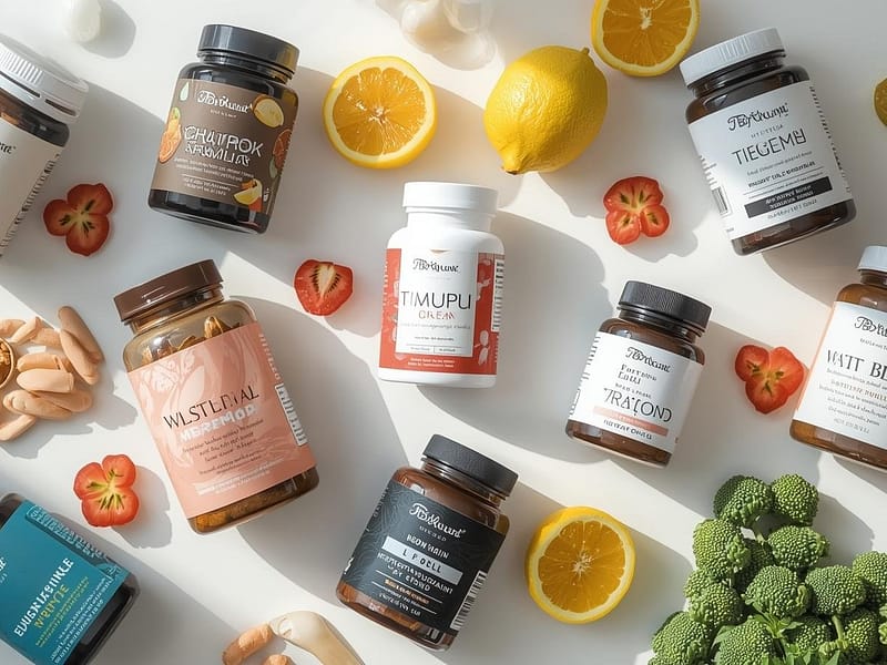 Suplementos esportivos básicos como whey protein e creatina sobre bancada de treino.