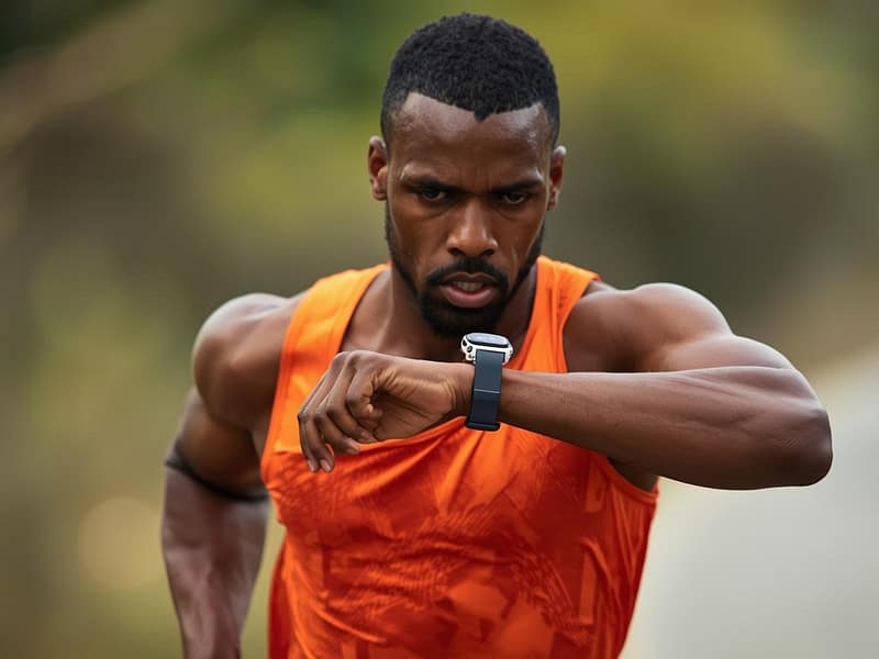 Corredor verificando dados de pace e distância no relógio esportivo durante treino ao ar livre com GPS ativado