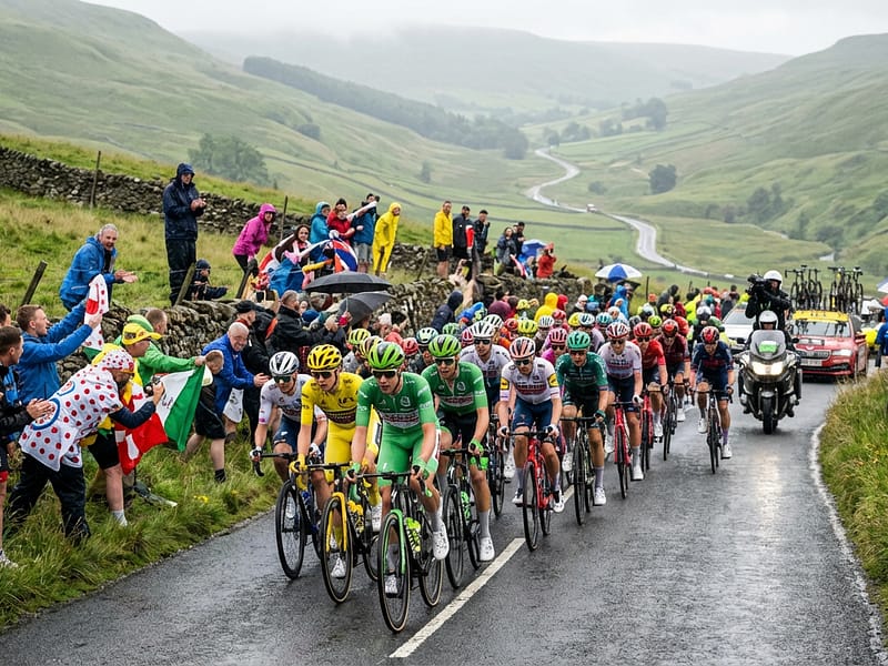 Pelotão de ciclistas em estrada montanhosa no Reino Unido durante o Tour de France 2027, com colinas verdes ao fundo e torcida nas laterais