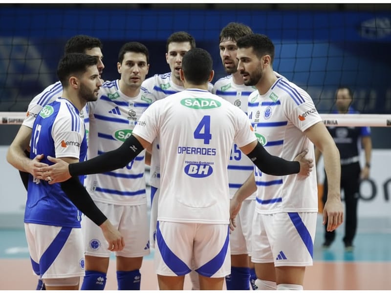 Jogadores do Cruzeiro comemoram vitória sobre o Suzano pela Superliga Masculina de Vôlei