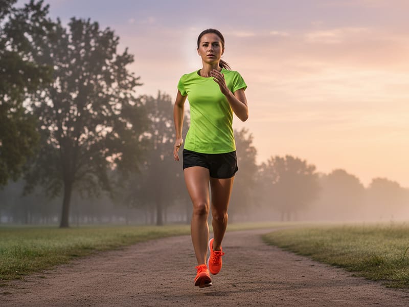 Corredor focado respirando durante treino ao ar livre ao amanhecer