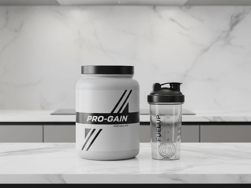 Pote de whey protein e shaker sobre bancada clean com fundo neutro