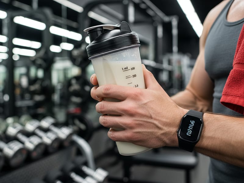 Shaker com whey protein na mão logo após treino em academia