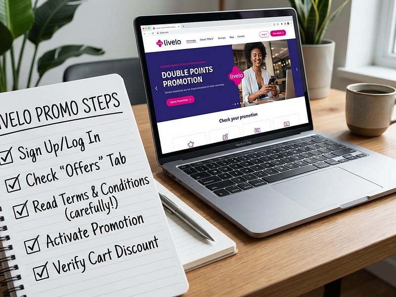 Checklist marcado ao lado do site da Livelo aberto em notebook, representando as etapas para aproveitar promoções e evitar pegadinhas.