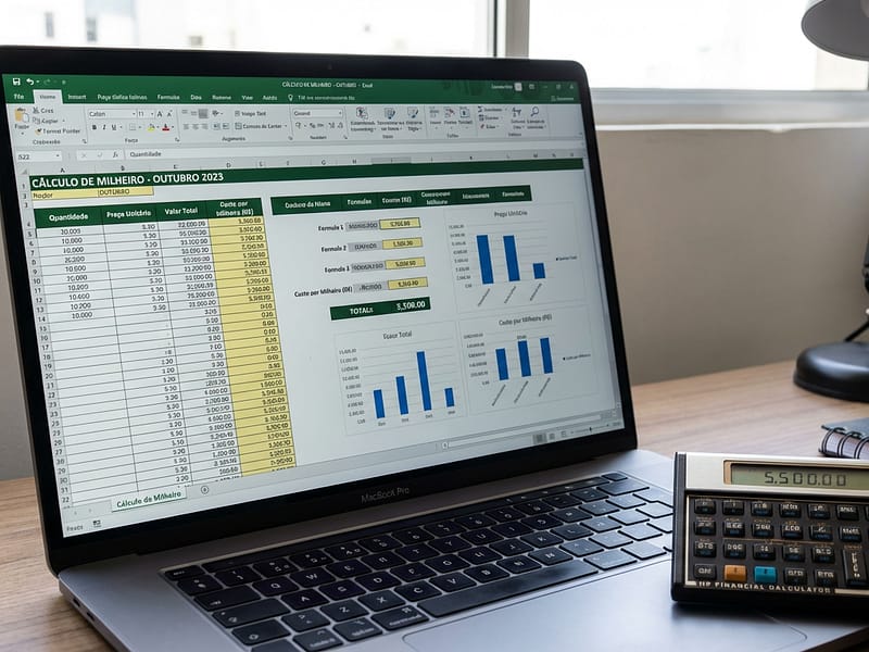 Planilha de Excel em uma tela de notebook mostrando cálculos de valor do milheiro e uma calculadora ao lado