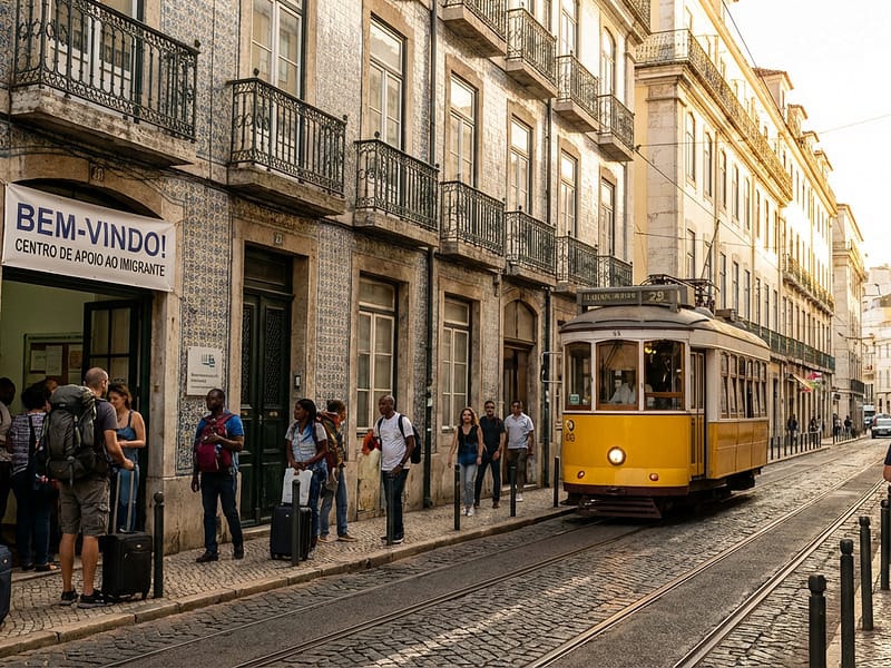 Vista de uma rua em Lisboa com prédios antigos e bondes amarelos, representando a imigração para Portugal
