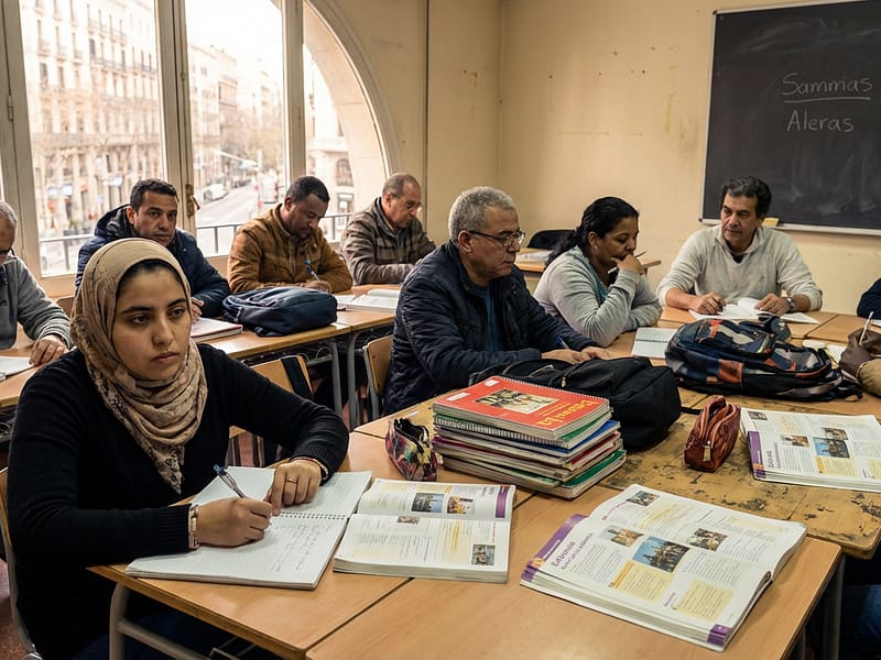 Estudantes em uma sala de aula na Espanha com livros e cadernos, representando imigrantes buscando o arraigo para formação