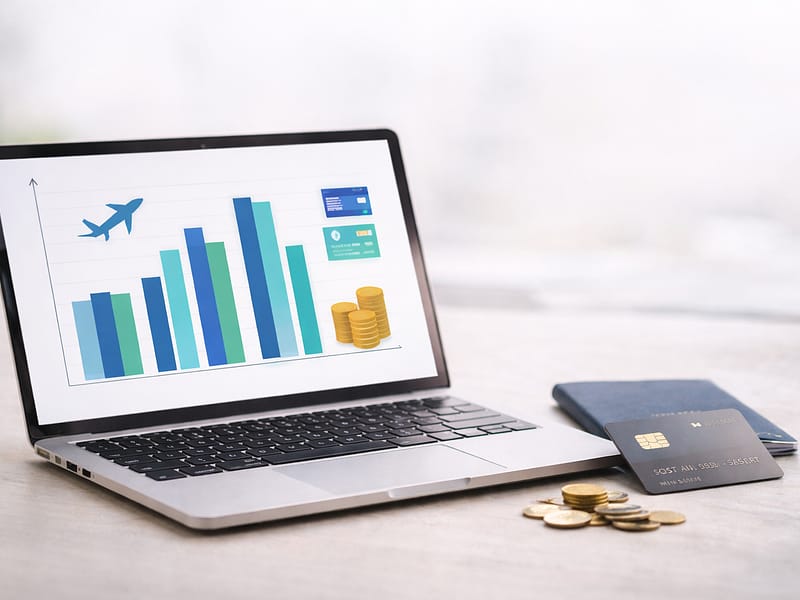 Calculadora com notas de dinheiro e bilhetes de avião mostrando comparação entre valor em milhas e valor em reais