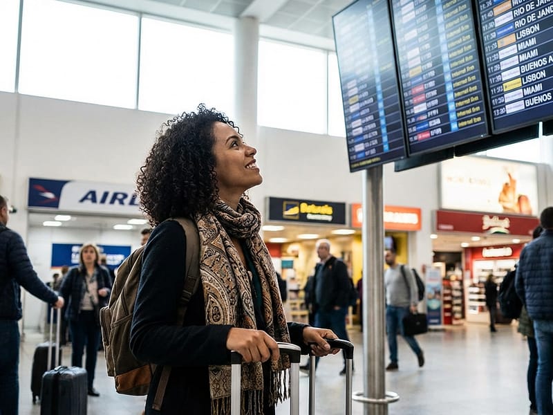 Viajante brasileiro com mala pequena observando o painel de destinos em um aeroporto, pronto para uma viagem curta de 3 a 4 dias