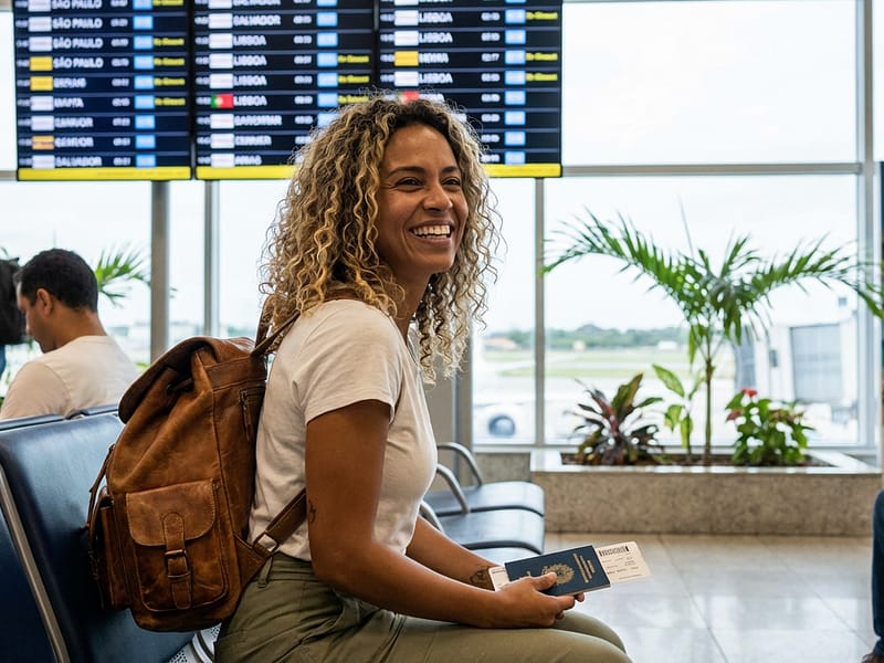 Viajante com mochila pequena no aeroporto pronto para embarcar em um destino coringa para viagem curta