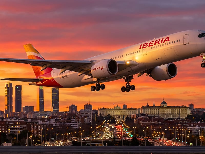 Avião da Iberia decolando ao pôr do sol com a cidade ao fundo, representando viagens para a Europa usando Avios