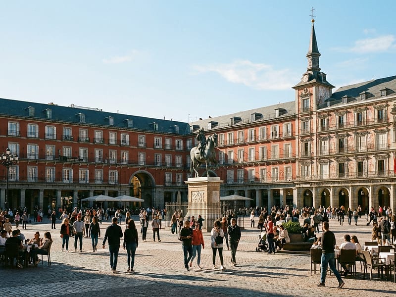 Vista do centro de Madri em um dia ensolarado, com pessoas caminhando em uma praça e céu azul
