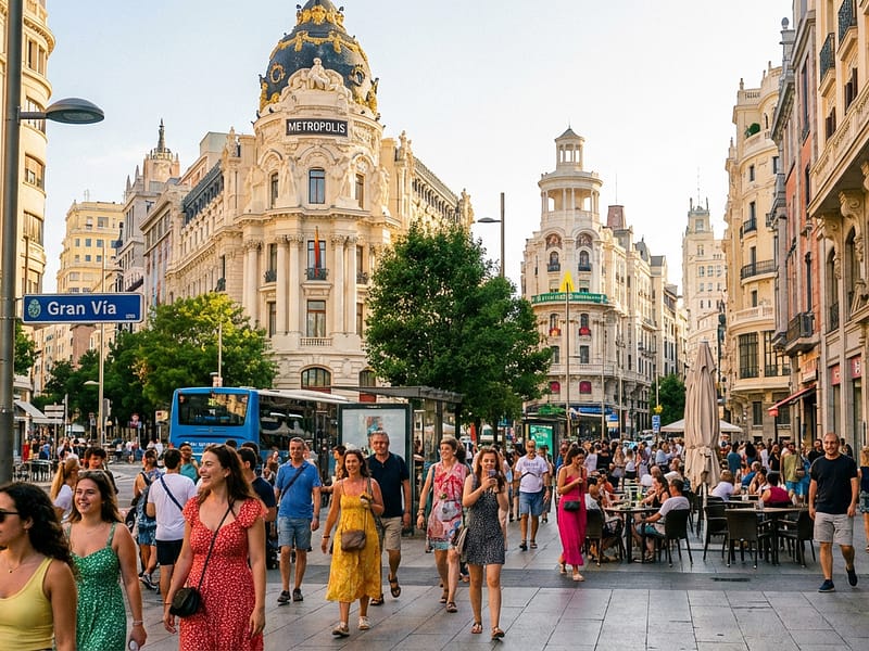 Turistas caminhando pela Gran Vía em Madri em um dia ensolarado