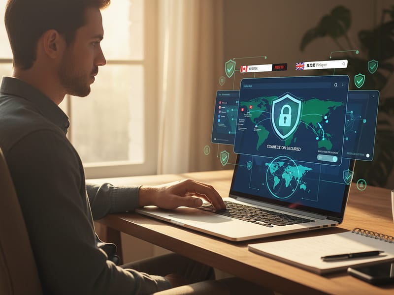 Pessoa usando notebook com ícone de VPN na tela, representando segurança e acesso ao conteúdo internacional.