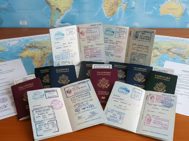 Passaportes de diferentes países com carimbos de visto de trabalho, documentos e mapa-múndi ao fundo