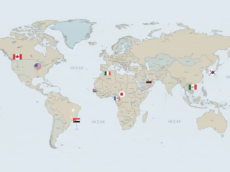 Mapa-múndi com bandeiras de países destacados, representando destinos acessíveis para visto de trabalho