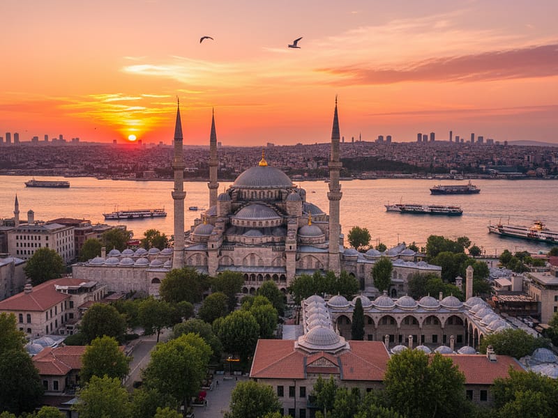 Vista panorâmica de Istambul com a Mesquita Azul e o Bósforo ao fundo durante o pôr do sol