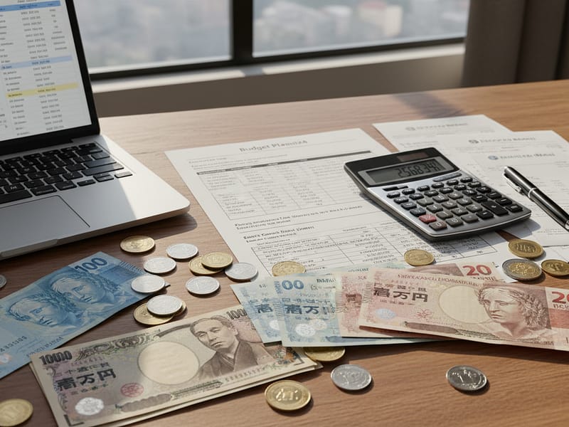 Foto de um planejamento financeiro com moedas de Iene e Real, simbolizando a quitação de dívidas brasileiras através do trabalho no exterior.