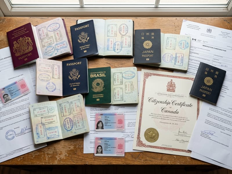 Passaportes de diferentes países sobre mesa com carimbos de visto, documentos de residência e certificado de cidadania, representando os três status migratórios