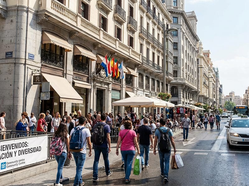 Vista de uma rua movimentada em Madri com prédios históricos e pessoas caminhando, representando a imigração para a Espanha
