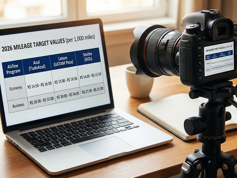 Tabela comparativa de milhas Azul, Latam e Smiles em um notebook, mostrando os valores-alvo do milheiro para 2026