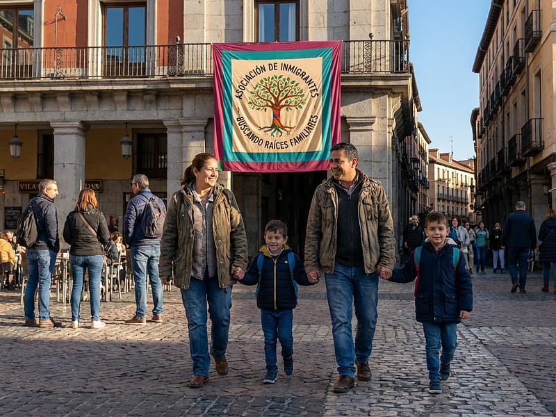 Família caminhando por uma praça na Espanha com crianças e bandeira ao fundo, representando imigrantes que buscam o arraigo familiar