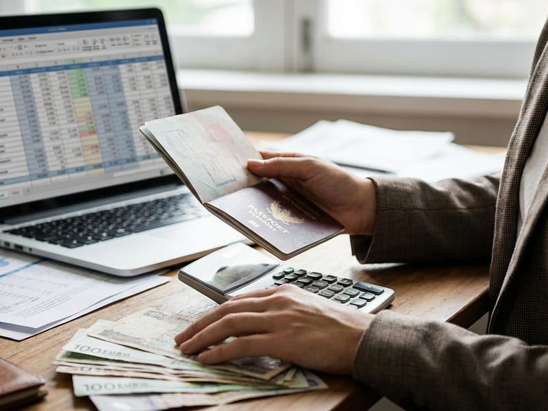 Pessoa segurando passaporte e calculadora sobre boletos e planilha, representando alguém que saiu das dívidas morando no exterior