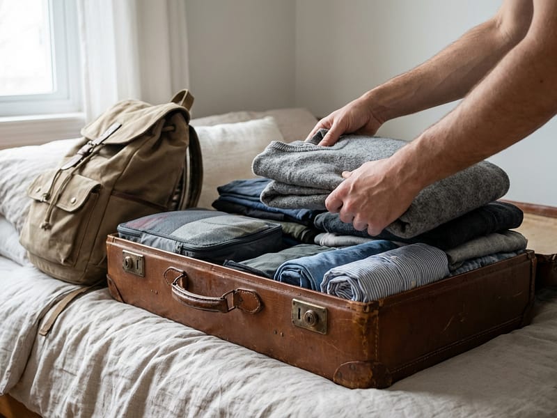 Pessoa organizando uma mala de viagem aberta na cama com roupas dobradas e mochila ao lado