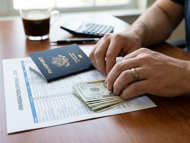 Pessoa organizando dinheiro, passaporte e planilha de gastos, representando o planejamento financeiro para imigrar para outro país