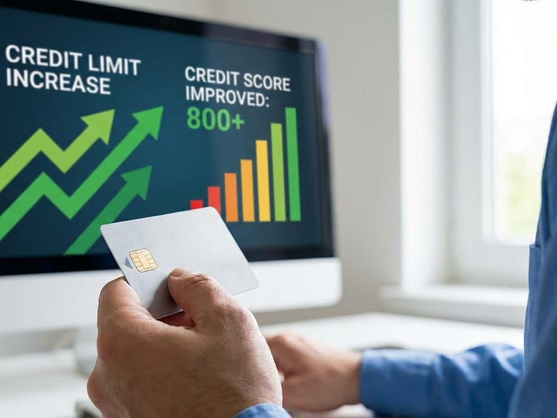 Pessoa segurando um cartão de crédito com gráfico de crescimento ao fundo, representando aumento de limite e melhora de score