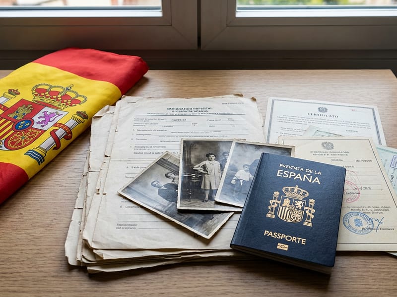 Bandeira da Espanha ao lado de documentos e passaporte, representando os diferentes tipos de arraigo para imigrantes