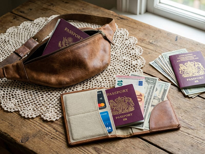 Doleira, pochete e porta-passaporte dispostos sobre uma mesa ao lado de passaporte e dinheiro, representando formas de guardar documentos em viagem