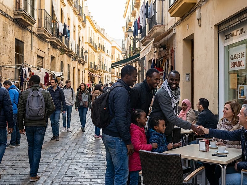 Rua típica de cidade espanhola com pessoas caminhando, representando imigrantes buscando o arraigo social na Espanha