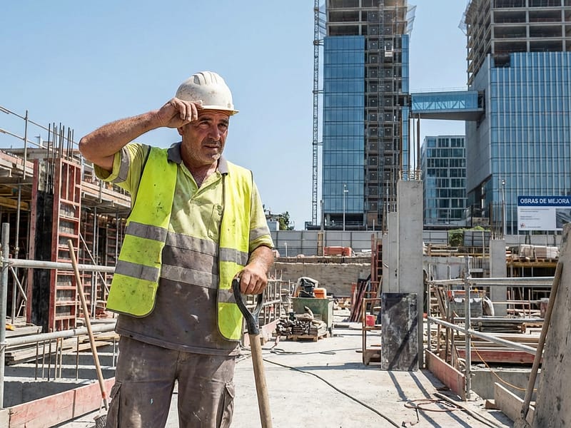 Trabalhador em uma obra na Espanha com prédios ao fundo, representando imigrantes buscando o arraigo laboral