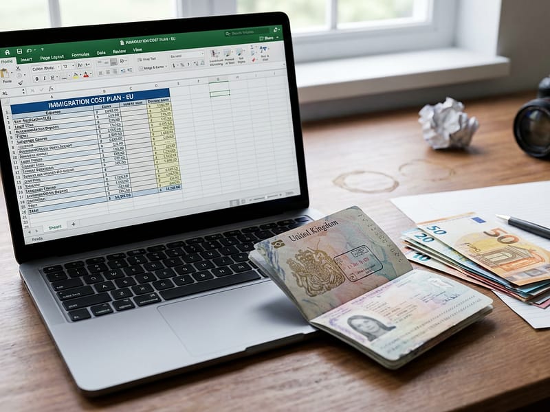 Planilha de gastos aberta em um notebook ao lado de passaporte e notas de euro, representando o planejamento de custos para imigrar