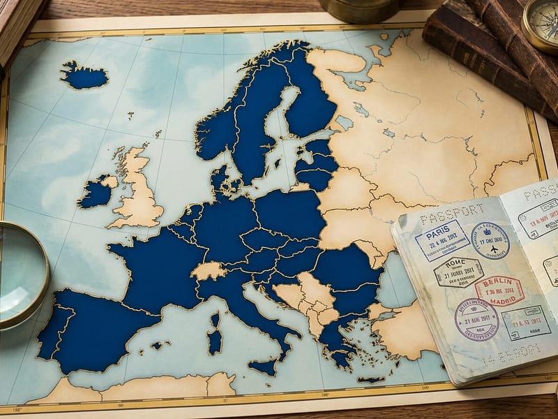 Mapa da Europa destacando os países do Espaço Schengen com um passaporte e carimbos de entrada ao lado