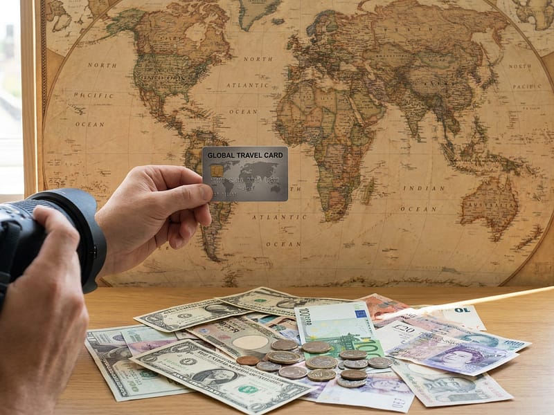 Pessoa segurando cartão internacional em frente a um mapa-múndi com diferentes moedas ao redor, representando como levar dinheiro em viagem internacional