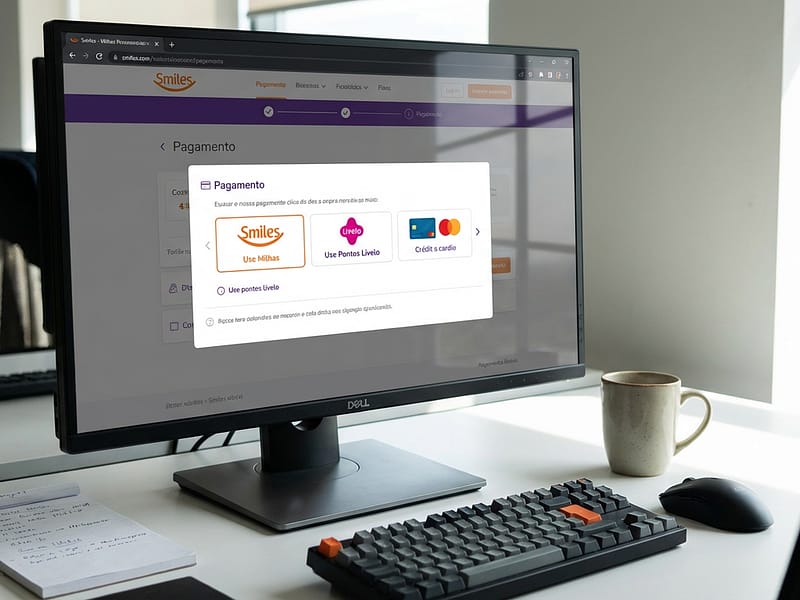 Tela de computador com o site da Smiles aberto mostrando opções de pagamento com milhas e pontos Livelo